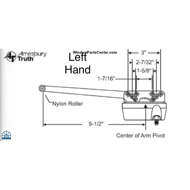 115 Operator Short Arm 9 1/2 Casement Window Parts. Amesbury Truth Single Arm 50 Series  Operator Short Arm 9 1/2"  Known Part Number: 15-31-32-051, 15-31-32-052