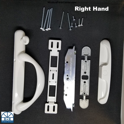 S3005 -Right Hand. Color White. VICTORIA HANDLE WITH MORTISE  Sliding Patio Door Handle  - For Vinyl Sliding Door. Known Part Numbers and Brands: Fasco and Vanguard. PO# 31729,  Pat.# US6672632, VA-3200115, C1307, C1308, 14302 Prime-line, Mercer Sliding Patio Doors 