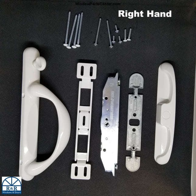 S3005 -Right Hand. Color White. VICTORIA HANDLE WITH MORTISE  Sliding Patio Door Handle  - For Vinyl Sliding Door. Known Part Numbers and Brands: Fasco and Vanguard. PO# 31729,  Pat.# US6672632, VA-3200115, C1307, C1308, 14302 Prime-line, Mercer Sliding Patio Doors