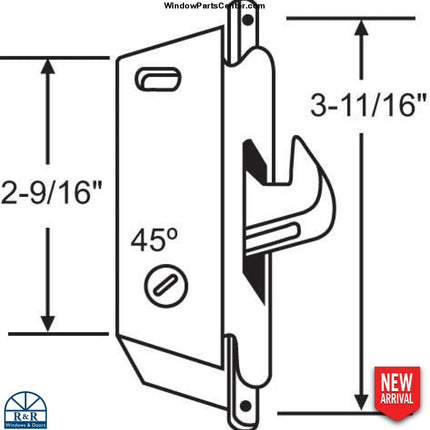 S3021 - MORTISE LOCK ROUND 45-DEGREE WITH HOOK OUT PDH 21 - Replacement Style for Adams Rite Latch Pella patio door latch