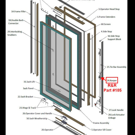 An exploded technical diagram of an H3 Casement Window by R&R Windows & Doors, showing labeled parts such as frame extenders, screen, tie bar assembly, and keeper, with a red box highlighting part #185.