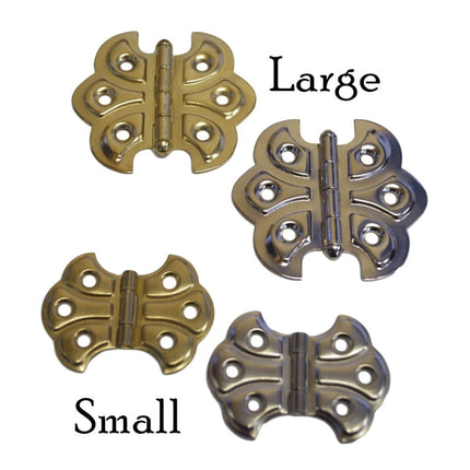 Historical Embossed Butterfly Cabinet Hinge.  showing sizes large and small.