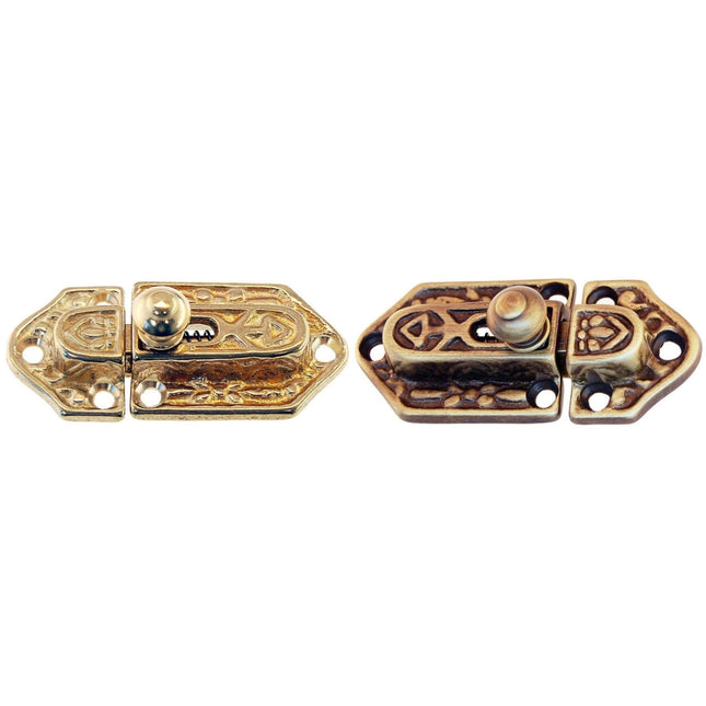 A pair of Victorian style brass cabinet latches and catches with intricate detailing. shown in color- Brass or Antique Brass,