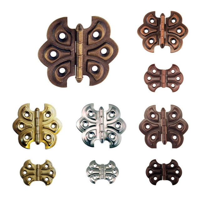 A collection of embossed butterfly hinges in various finishes including brass, nickel, and bronze, showcasing the decorative open-and-close functionality of the hinge.  Cabinet hinge