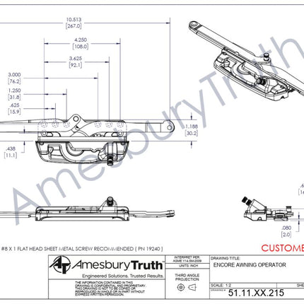 Amesbury Truth Awning Encore Narrow Sill Mounted Operator 51.11.00.215 DIMENTIONS 