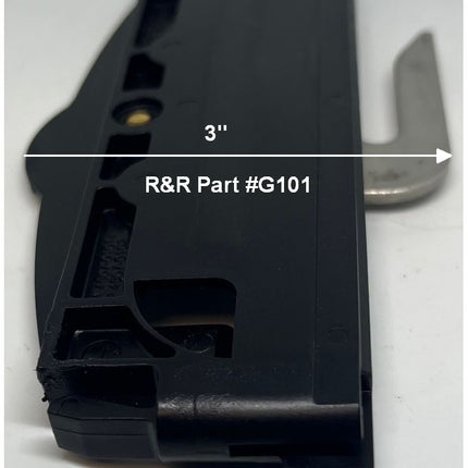 Black plastic component with measurement label and R&R Part #G101 text on a white background. 3 inches depth