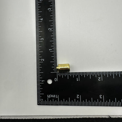 Two brass-plated steel bullet catches for cabinet doors with a cylindrical shape and a flat base for mounting. showing size large 