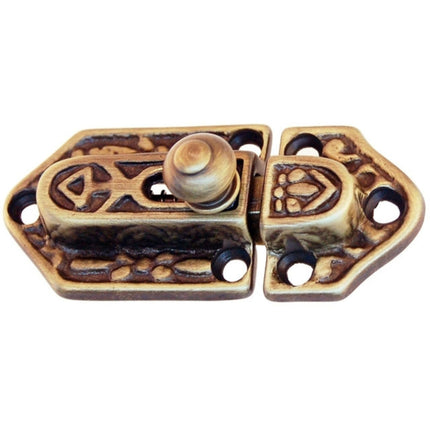 A Victorian style brass cabinet latch and catch with intricate detailing. color antique brass