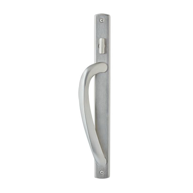 544 -Amesbury truth Signature Style Handle Set Two Point Locking For Sliding Patio Door. Showing standard style keyed in satin nickel color interior view on a sliding patio door panel. Used on Hurd, Sierra pacific and many other sliding patio doors.