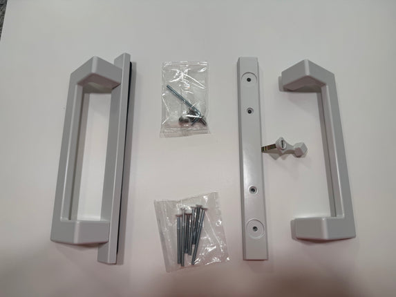 A modern rectangular door handle in a bright white finish, shown with their mounting hardware including screws on a plain white surface.