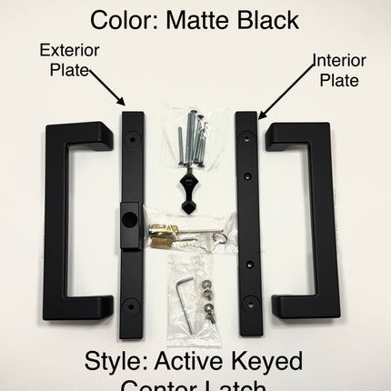 Amesbury Truth modern rectangular sliding patio door handle in a Matte Black finish, shown with their mounting hardware including screws on a plain white surface. Wording on picture states: Color Matte Black. Style Active Keyed Center Latch, exterior plate with arrow pointing to handle set plate and interior plate with arrow pointing to the second handle set plate. 