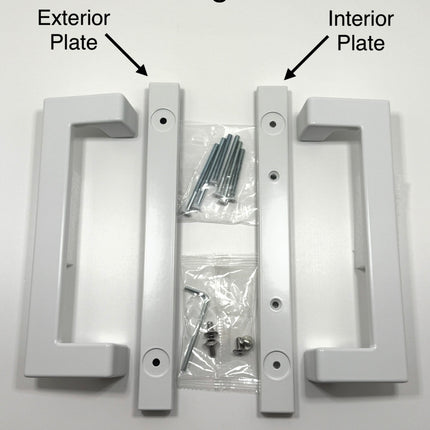 Amesbury Truth modern rectangular sliding patio door handle in a bright white finish, shown with their mounting hardware including screws on a plain white surface. Wording on picture states: Color Bright White. Style Inactive (Dummy), exterior plate with arrow pointing to handle set plate and interior plate with arrow pointing to the second handle set plate. Mid Contemporary 40.69