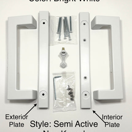 Amesbury Truth modern rectangular sliding patio door handle in a bright white finish, shown with their mounting hardware including screws on a plain white surface. Wording on picture states: Color Bright White. Style Semi Active, exterior plate with arrow pointing to handle set plate and interior plate with arrow pointing to the second handle set plate. Mid Contemporary 40.69
