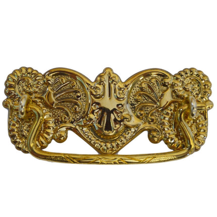 Ornate Victorian Drawer Pull – Brass Finish, 3" Center-to-Center, Stamped Back Plate, Cast Bail