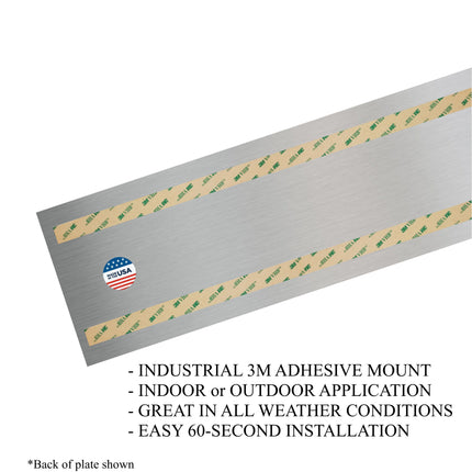 Back of Decorative kick plate with 3M  adhesive strip on a white background. Indoor out door application, All weather conditions easy 60 second installation 