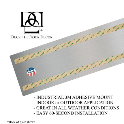 Back of Decorative kick plate with adhesive strip and Deck the Door Decor branding on a white background.