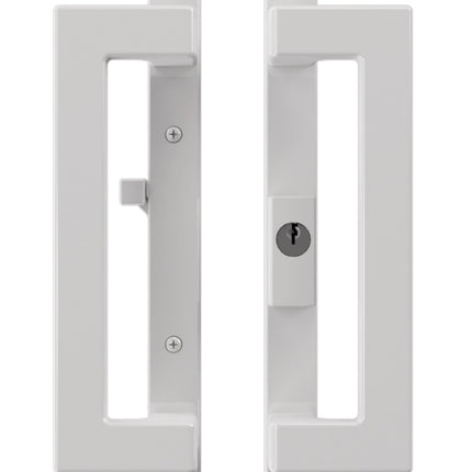 A modern white rectangular sliding patio door handles with a keyhole lock and mounting screws, shown on a plain white background. Amesbury Truth Mid Contemporary 40.69