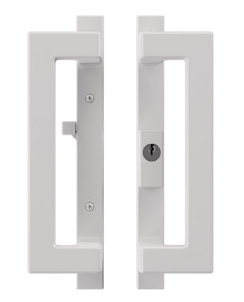 A modern white rectangular sliding patio door handles with a keyhole lock and mounting screws, shown on a plain white background. Amesbury Truth Mid Contemporary 40.69