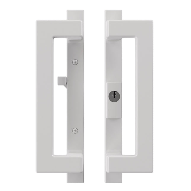 A modern white rectangular sliding patio door handles with a keyhole lock and mounting screws, shown on a plain white background. Amesbury Truth Mid Contemporary 40.69