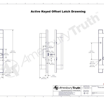 Technical dimension drawing of a patio door handle set with three orthographic views, measurements, and a title block for Amesbury Truth. Amesbury Truth Mid Contemporary 40.69 sliding patio door handle set active keyed style offset latch 