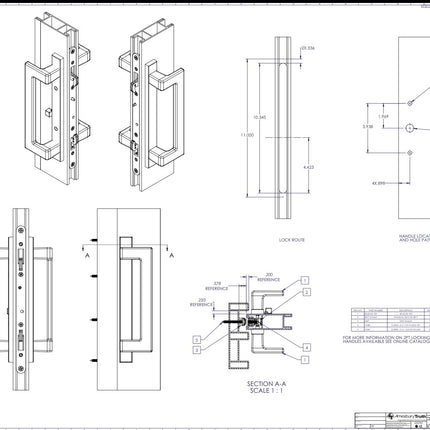 Technical drawing sheet showing multiple orthographic and perspective views of a lock hardware component with dimensions, section details, and a small specification table on a white background.