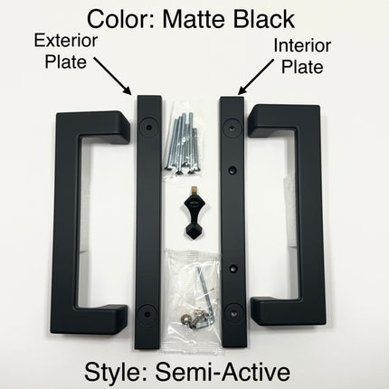 Amesbury Truth modern rectangular sliding patio door handle in a matte black finish, shown with their mounting hardware including screws on a plain white surface. Wording on picture states: Color Matte Black. Style Semi Active, exterior plate with arrow pointing to handle set plate and interior plate with arrow pointing to the second handle set plate. Mid Contemporary 40.69