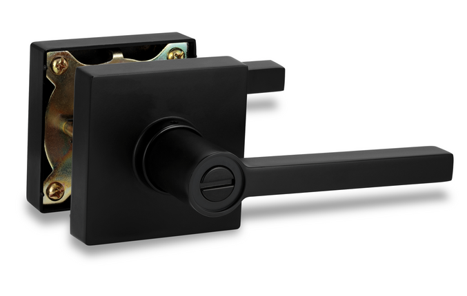 Square Privacy Door Lock Solstice Lever in Matte Black counterparty door handle set hardware 
