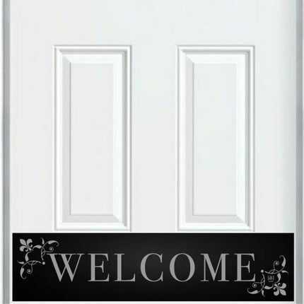 White door with a black 'WELCOME' kick plate featuring decorative elements.