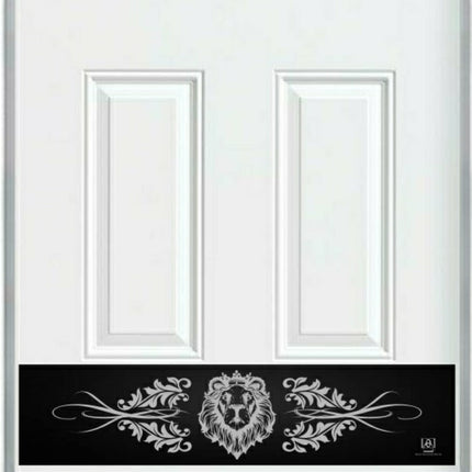 Decorative black kick plate  with lion design on a  white door