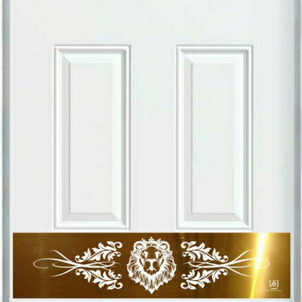Decorative gold door kick plate with lion design on a white door
