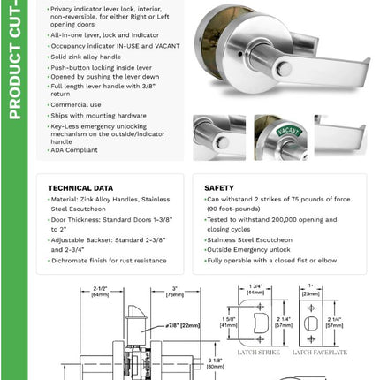 ADA Door Lock with Indicator in Satin Chrome - Right-Handed