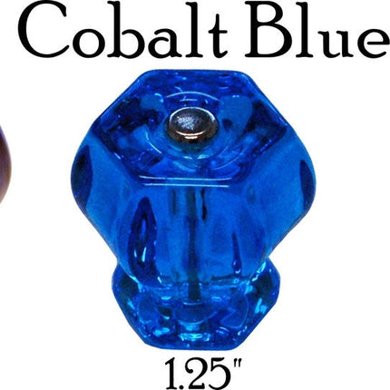 Glass knob, Hexagon Shaped cabinet pulls. Color cobalt  blue. Sizes Large 1.5 inch, medium 1.25 inch and 1 inch.
