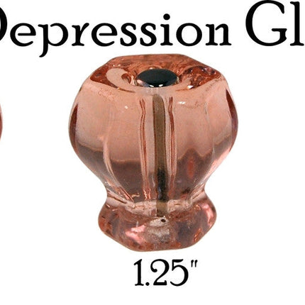 Glass knob, Hexagon Shaped cabinet pulls. Color depression glass pink. Sizes Large 1.5 inch, medium 1.25 inch and 1 inch.