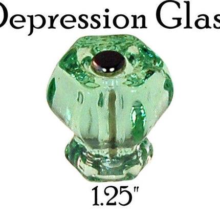 Glass knob, Hexagon Shaped cabinet pulls. Color depression glass green. Sizes Large 1.5 inch, medium 1.25 inch and 1 inch.