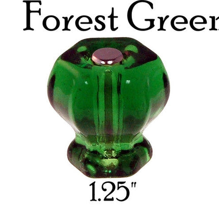 Glass knob, Hexagon Shaped cabinet pulls. Color forest green. Sizes Large 1.5 inch, medium 1.25 inch and 1 inch.