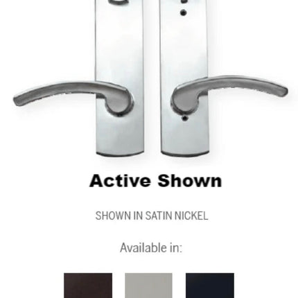 Handle set in satin nickel for swinging door. At the bottom shows all finishes available. Victorian Bronze, Satin nickel and black. Handle set is labeled inside and outside for the keyed and lock bolt escutcheon for active door. 