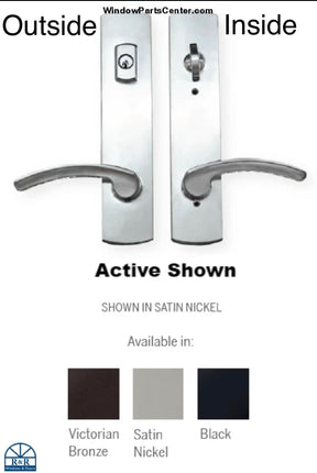 Handle set in satin nickel for swinging door. At the bottom shows all finishes available. Victorian Bronze, Satin nickel and black. Handle set is labeled inside and outside for the keyed and lock bolt escutcheon for active door. 