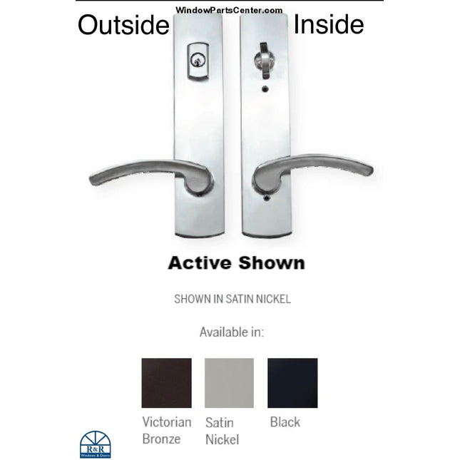 Handle set in satin nickel for swinging door. At the bottom shows all finishes available. Victorian Bronze, Satin nickel and black. Handle set is labeled inside and outside for the keyed and lock bolt escutcheon for active door. 
