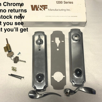 Lock mechanism set with packaging labeled '1200 Series' on a light background. D305- W&f Original 1200-125 Trilennium Handle Satin Chrome Set Only Set