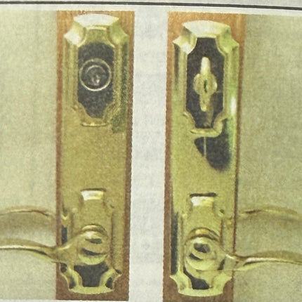 Door handle and lock mechanism with measurements on a white background.
W&F 1200 Series Handle Set 6" Center to Center Bore .Double Island Escutcheon Versailles Handles

