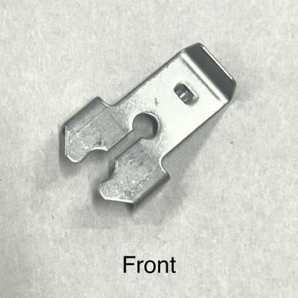 Metal bracket on a gray background with 'Front' label. Stainless Steel Operator Retainer Clip For casement and awning operator arms.
