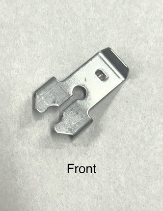 Metal bracket on a gray background with 'Front' label. Stainless Steel Operator Retainer Clip For casement and awning operator arms.
