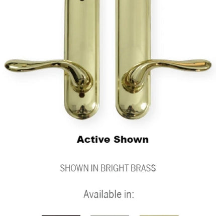 Handle set in bright brass for swinging door. At the bottom shows all finishes available. Victorian Bronze, Satin nickel and bright brass. Handle set is labeled inside and outside for the keyed and lock bolt escutcheon for active door. 