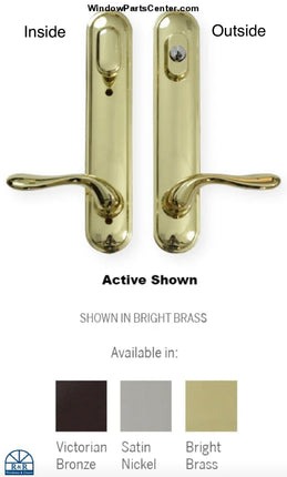 Handle set in bright brass for swinging door. At the bottom shows all finishes available. Victorian Bronze, Satin nickel and bright brass. Handle set is labeled inside and outside for the keyed and lock bolt escutcheon for active door. 