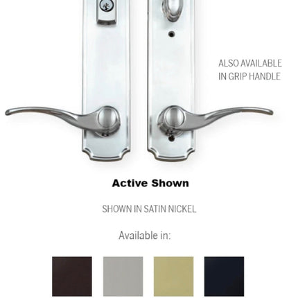 Handle set in satin nickel for swinging door. At the bottom shows all finishes available. Victorian Bronze, Satin nickel and black. Handle set is labeled inside and outside for the keyed and lock bolt escutcheon for active door. 
