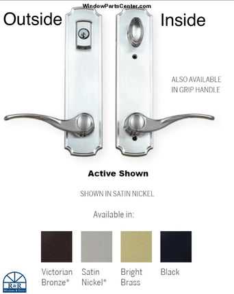 Handle set in satin nickel for swinging door. At the bottom shows all finishes available. Victorian Bronze, Satin nickel and black. Handle set is labeled inside and outside for the keyed and lock bolt escutcheon for active door. 