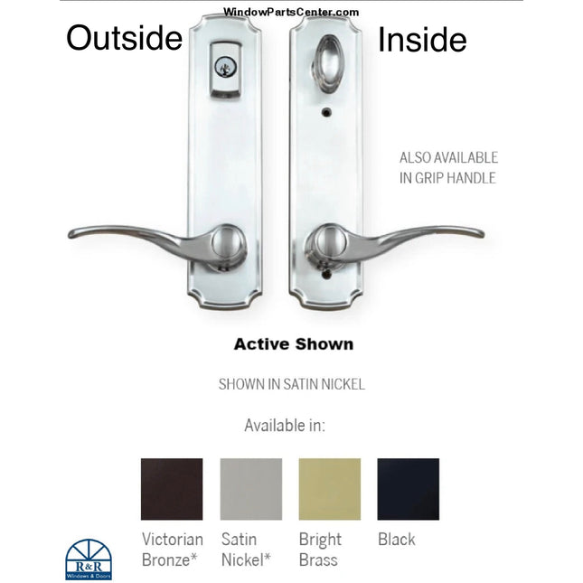 Handle set in satin nickel for swinging door. At the bottom shows all finishes available. Victorian Bronze, Satin nickel and black. Handle set is labeled inside and outside for the keyed and lock bolt escutcheon for active door. 