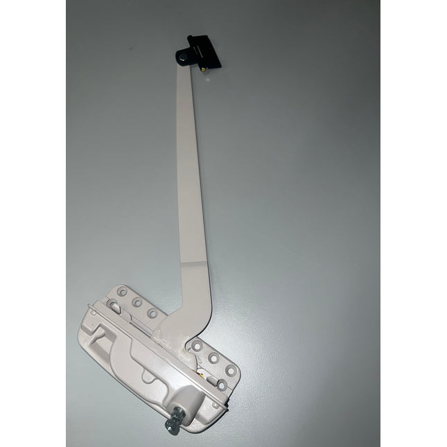 Encore Single Arm Pivot Shoe Amesbury Truth Awning Operator 52.14.XX.211. Beige color casement operator with single long arm with black clip attached to the end of the operator arm on a white background 

Encore Series is a direct replacement for Maxim Series Operators (old maxim version was stamped on the back of housing 45352 Made in U.S.A. TRUTH. Or stamped 45852)