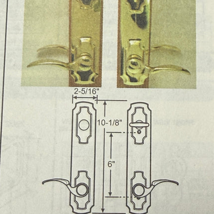 Door handle and lock mechanism with measurements on a white background