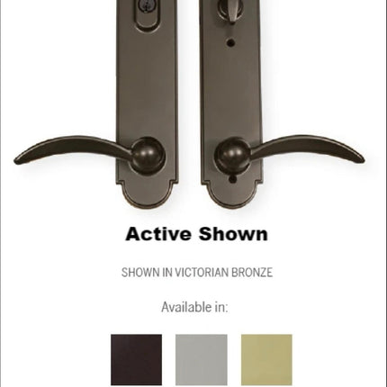 Handle set in satin nickel for swinging door. At the bottom shows all finishes available. Victorian Bronze, Satin nickel and bright brass. Handle set is labeled inside and outside for the keyed and lock bolt escutcheon for active door. 